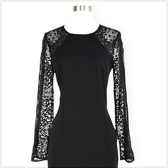 Alex Evenings Black Lace Illusion Bell Sleeves Jeweled Shift Dress New NWT 6 - Picture 3 of 9